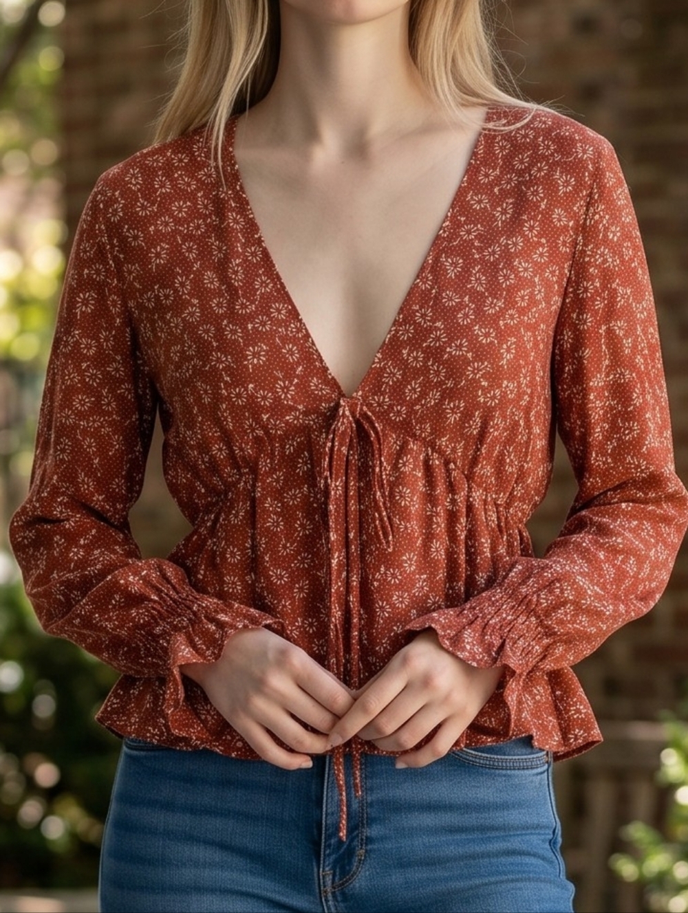 SHEIN Rust Red Floral Tie-Front Peplum Blouse